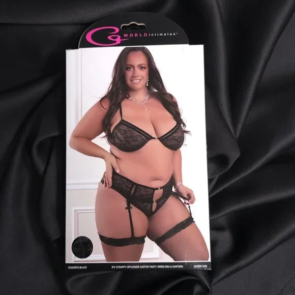 G World Intimates Plus Size Black Lace 3pc Strappy Garter Lingerie Set OS Queen - Picture 3 of 7